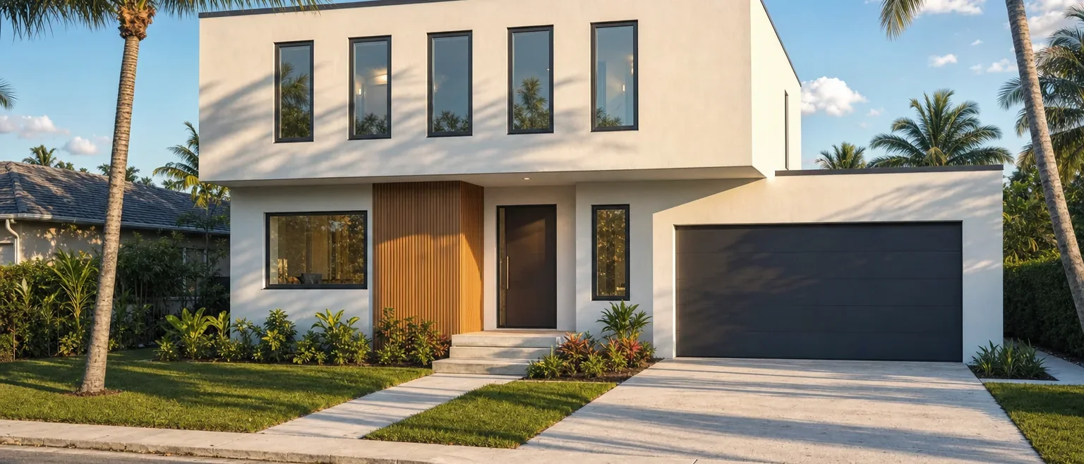 Illustration of the completed two-storey modular home with white stucco, wood entry cladding, impact windows and an attached garage