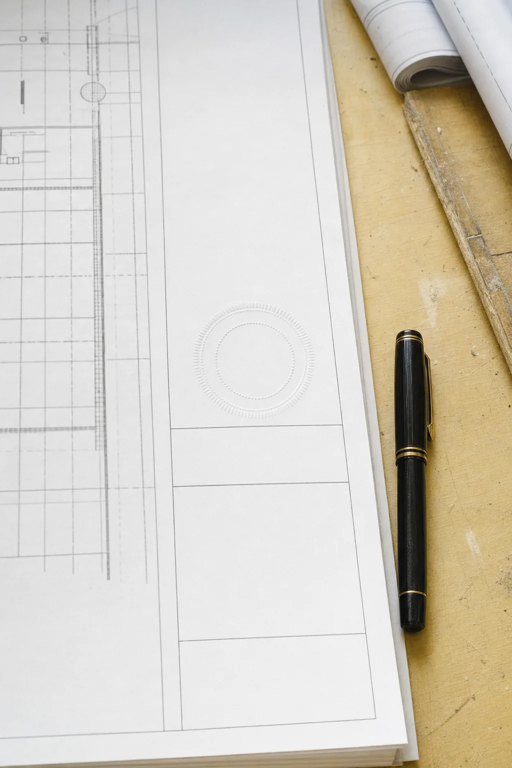 Illustration of a completely blank embossed seal impression and an unsigned ruled signature block in the corner of a drawing sheet