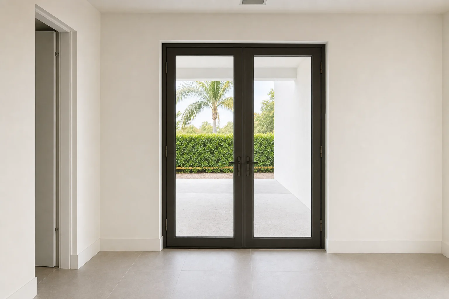 Illustration of completed closed French doors seen from inside a room, looking out to a covered patio