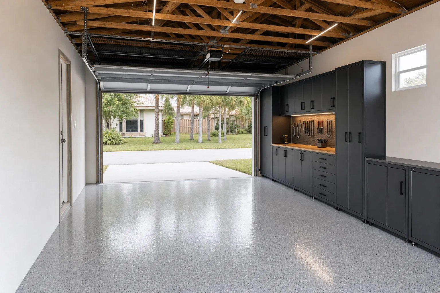 Illustration of a completed garage remodel with epoxy floor, steel cabinets, workbench and the sectional door open
