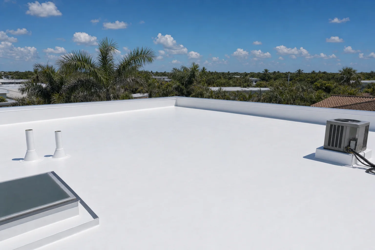 Illustration of a completed white single-ply low-slope roof with flashed curb, finished vent boots and capped parapet