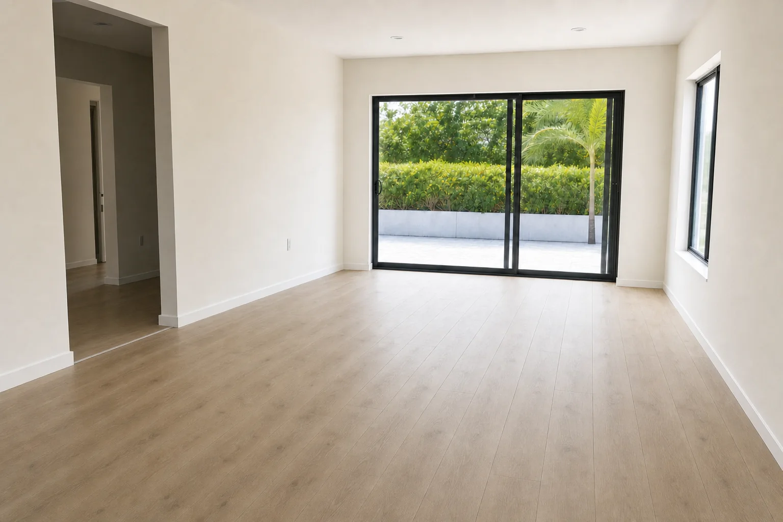 Illustration of a completed light oak-look plank floor in an empty room with new skirting fitted