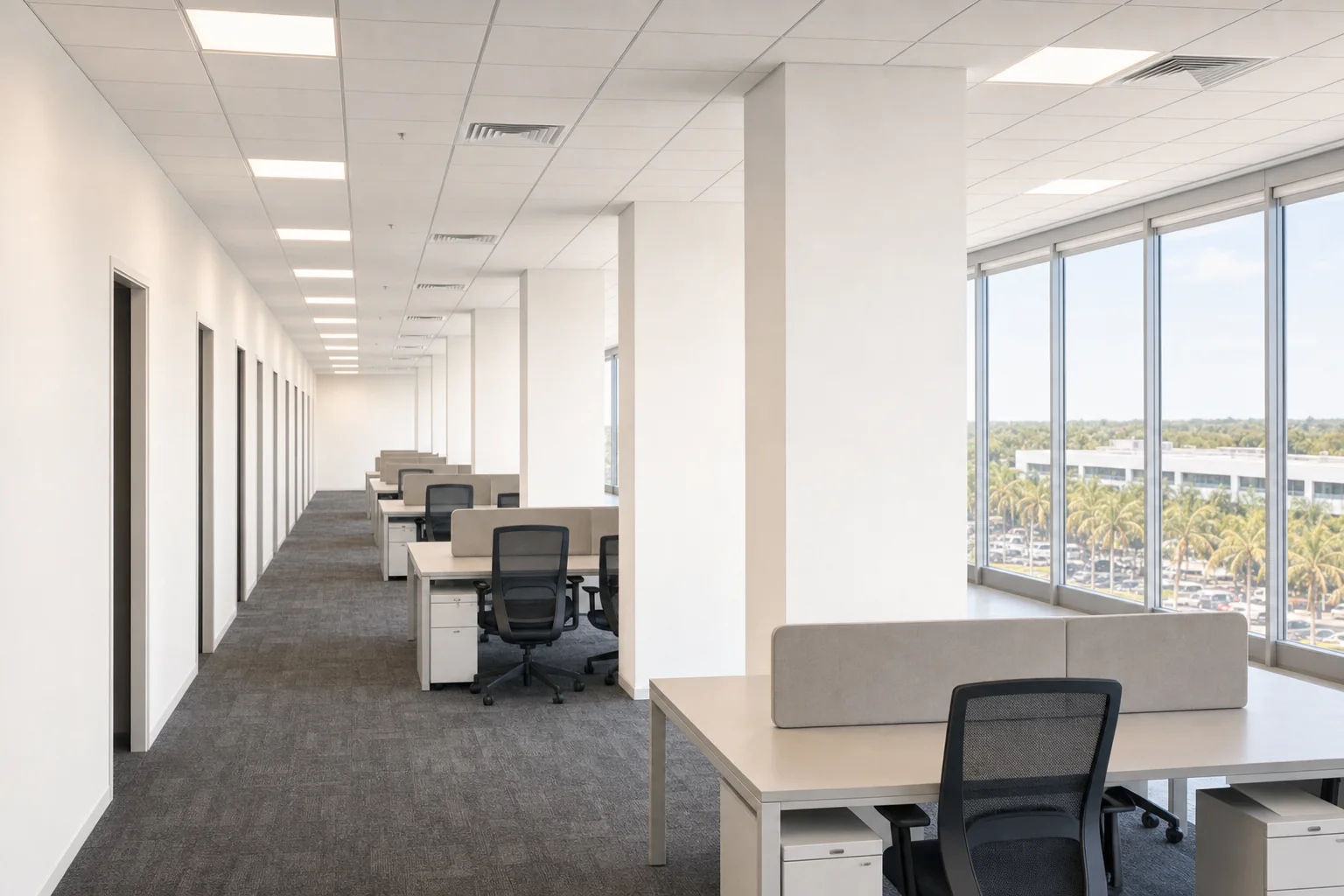 Illustration of a completed open-plan workplace fit-out with bench desking, ceiling grid lighting and a full-height glazed window line