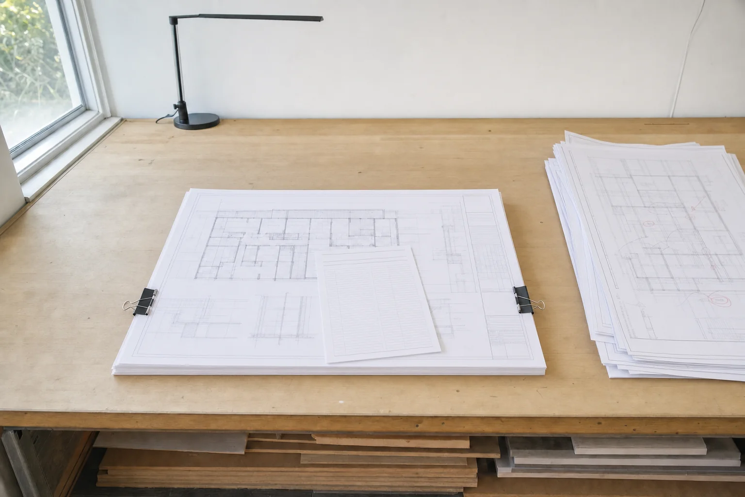 Illustration of a consolidated resubmission package collated and clipped on a plan table with the superseded marked-up sheets set aside