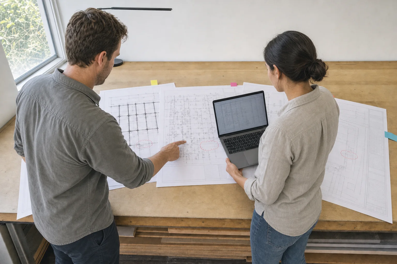 Illustration of two people at a plan table comparing a marked-up structural sheet against a second drawing while coordinating a correction response