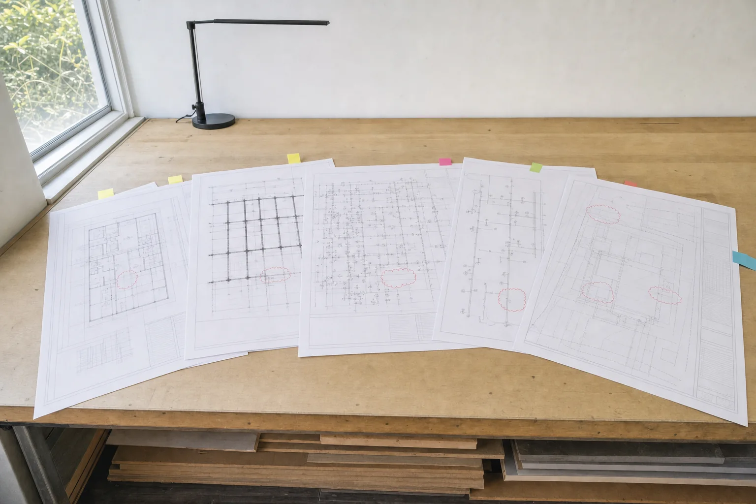 Illustration of five drawing sheets fanned across a plan table representing architectural, structural, electrical, plumbing and site disciplines, each with red markup clouds
