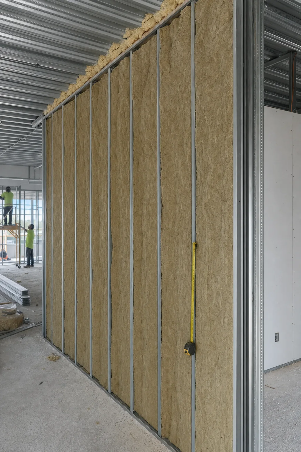 Illustration of a full-height demising wall running to the underside of the structural deck with acoustic insulation and firestopping at the deck flutes
