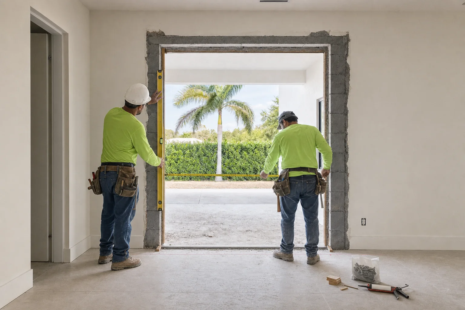 Illustration of installers checking a door opening for plumb and width before fitting a French door frame