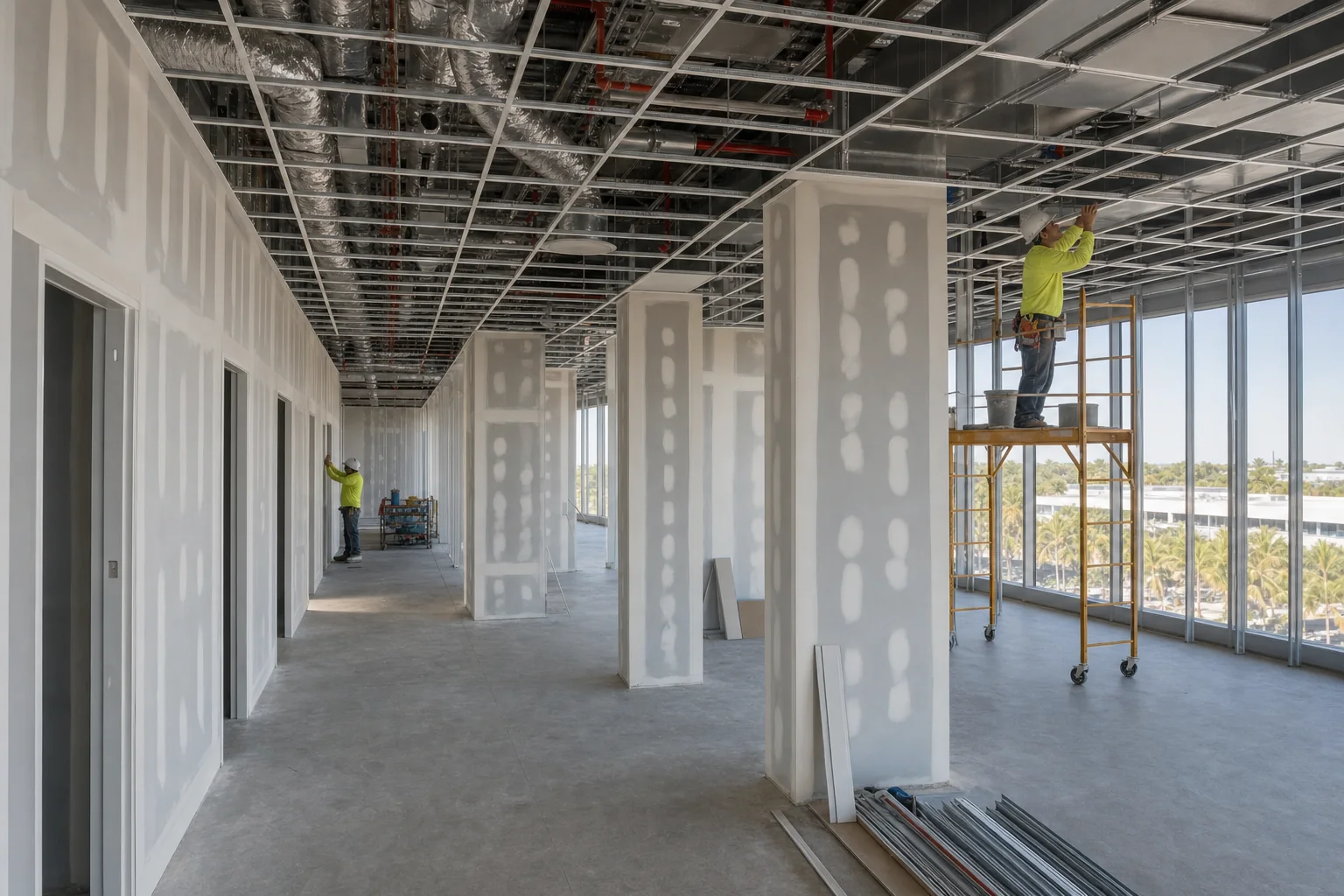 Illustration of drywall hung and taped on new partitions with a suspended ceiling grid part installed below the services