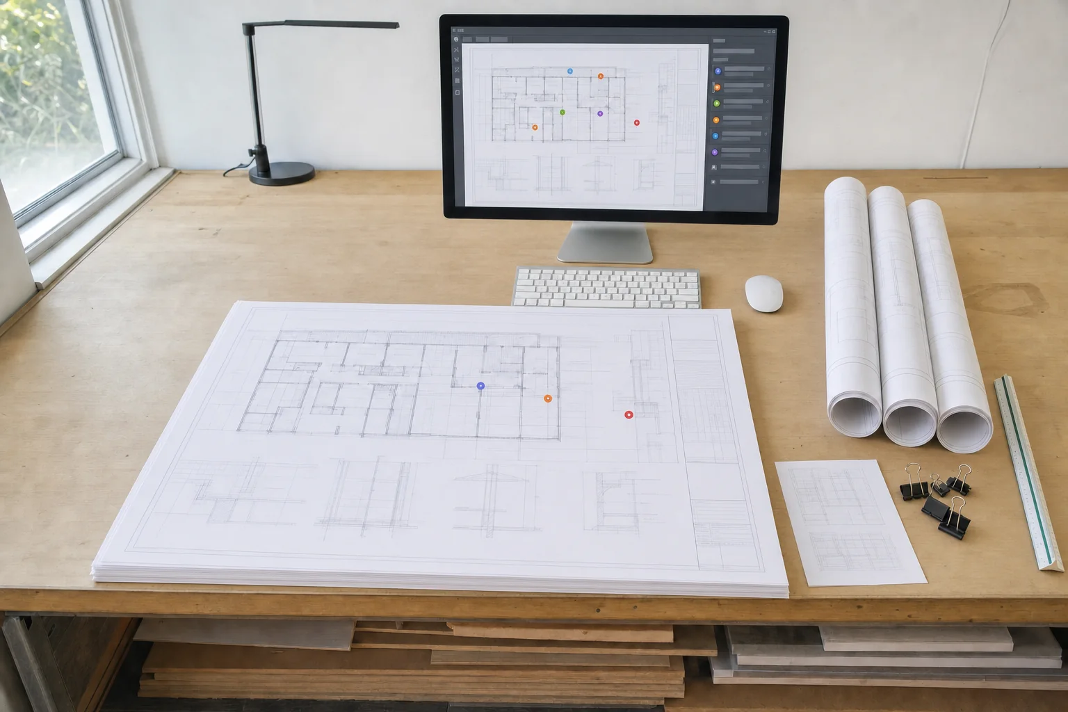 Illustration of electronic plan review on a monitor showing an architectural sheet with comment markers pinned across it and a stacked comment panel