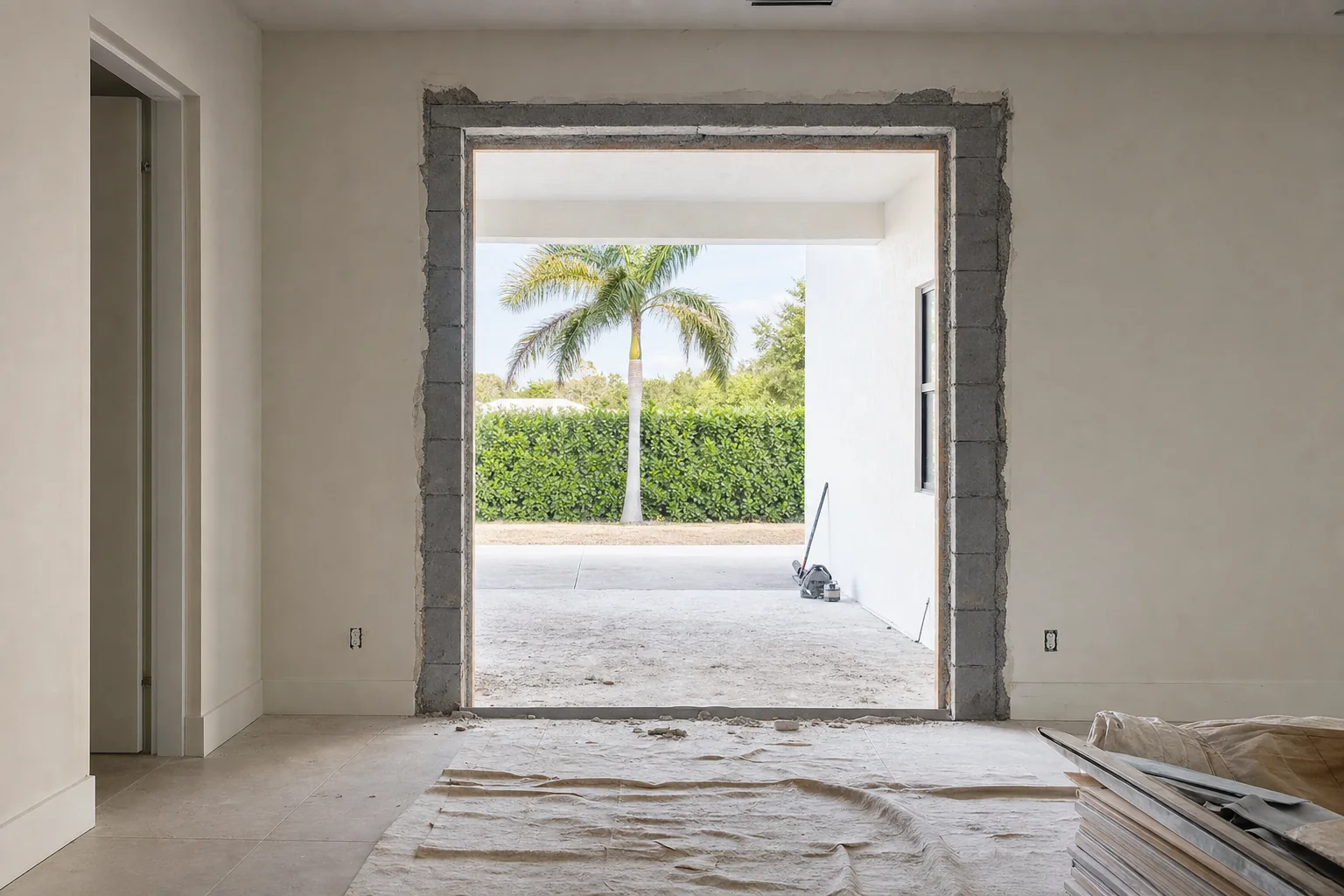Illustration of an empty masonry door opening in a rear wall before French door installation begins