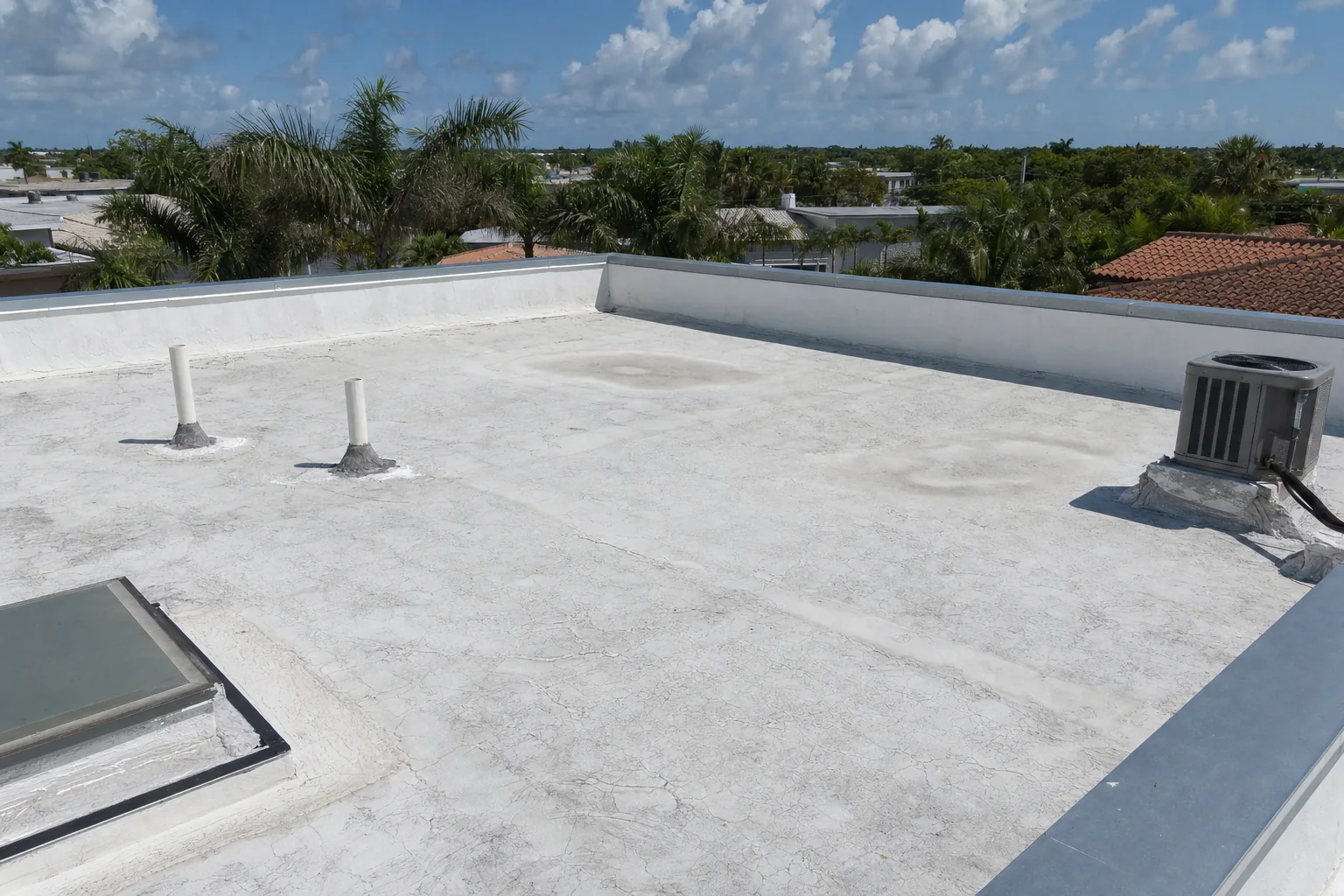 Illustration of a weathered low-slope roof at the end of its service life with cracking, staining and ponding rings