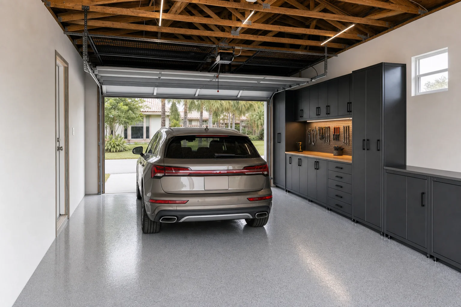 Illustration of a finished remodelled garage in use with a vehicle parked on the epoxy floor beside the storage run