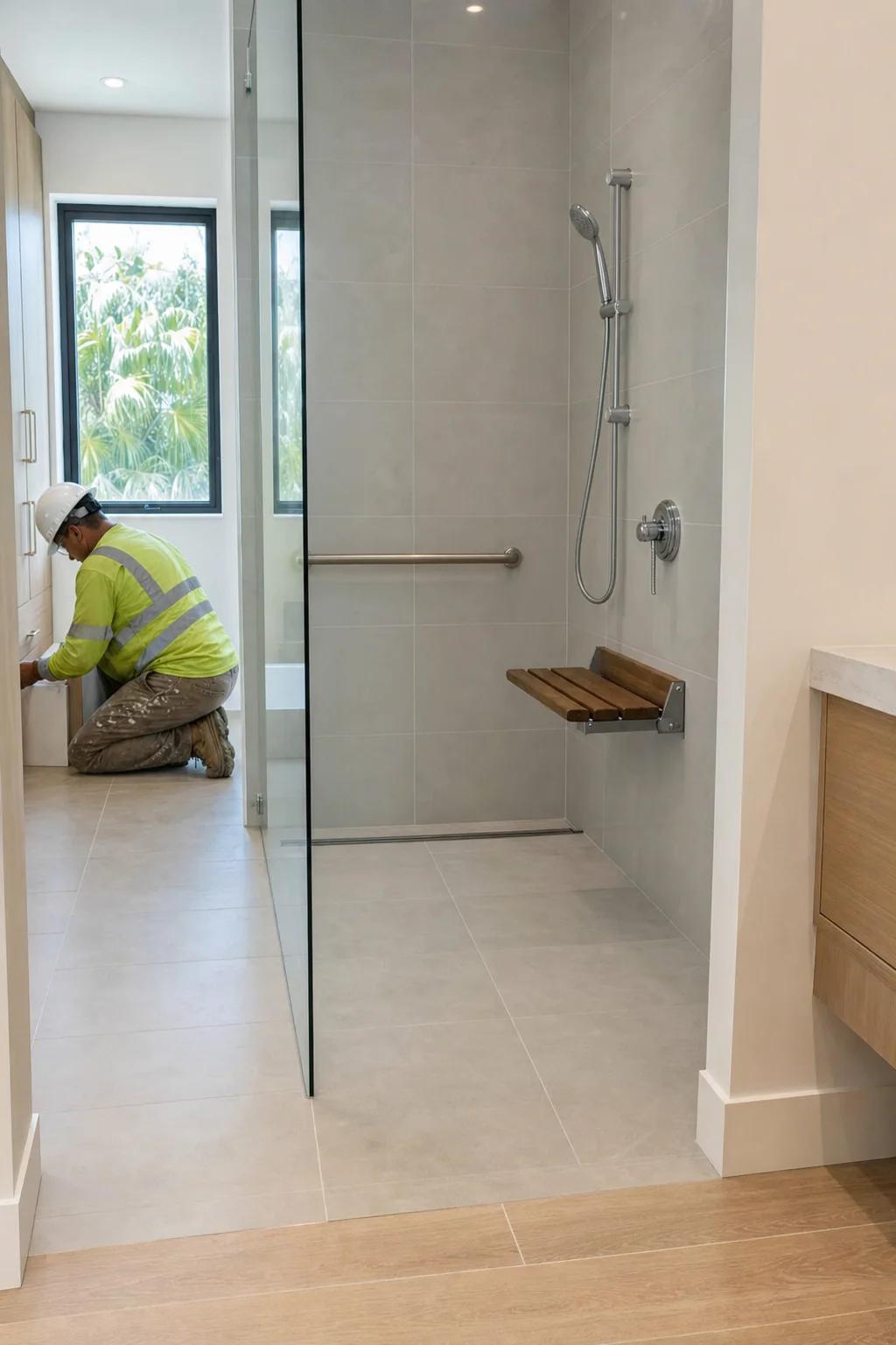 Illustration of a finished zero-threshold walk-in shower with a linear drain, grab bar, fold-down seat and handheld shower on a slide rail