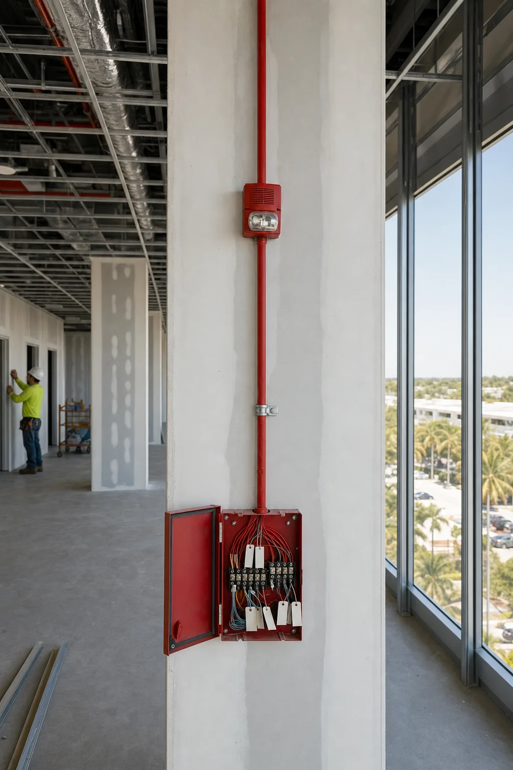 Illustration of a new fire alarm strobe and speaker device and a terminal enclosure with neatly landed wiring, tying into a base-building system