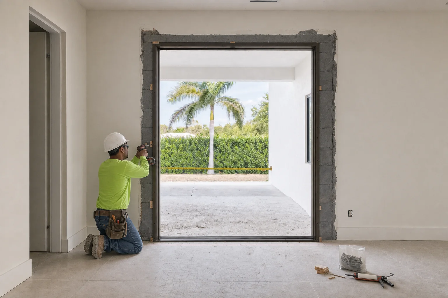 Illustration of a slim dark bronze French door frame set into an opening, shimmed and being anchored through the jamb