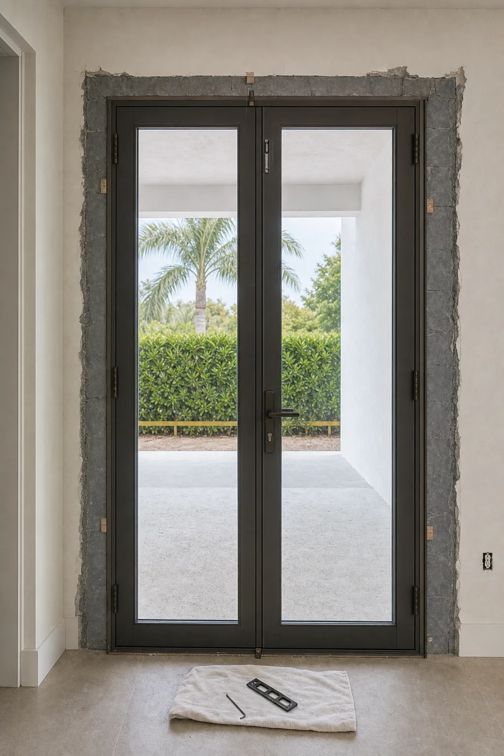 Illustration of French door hardware showing a lever handle, multipoint keep and the flush bolt at the passive leaf
