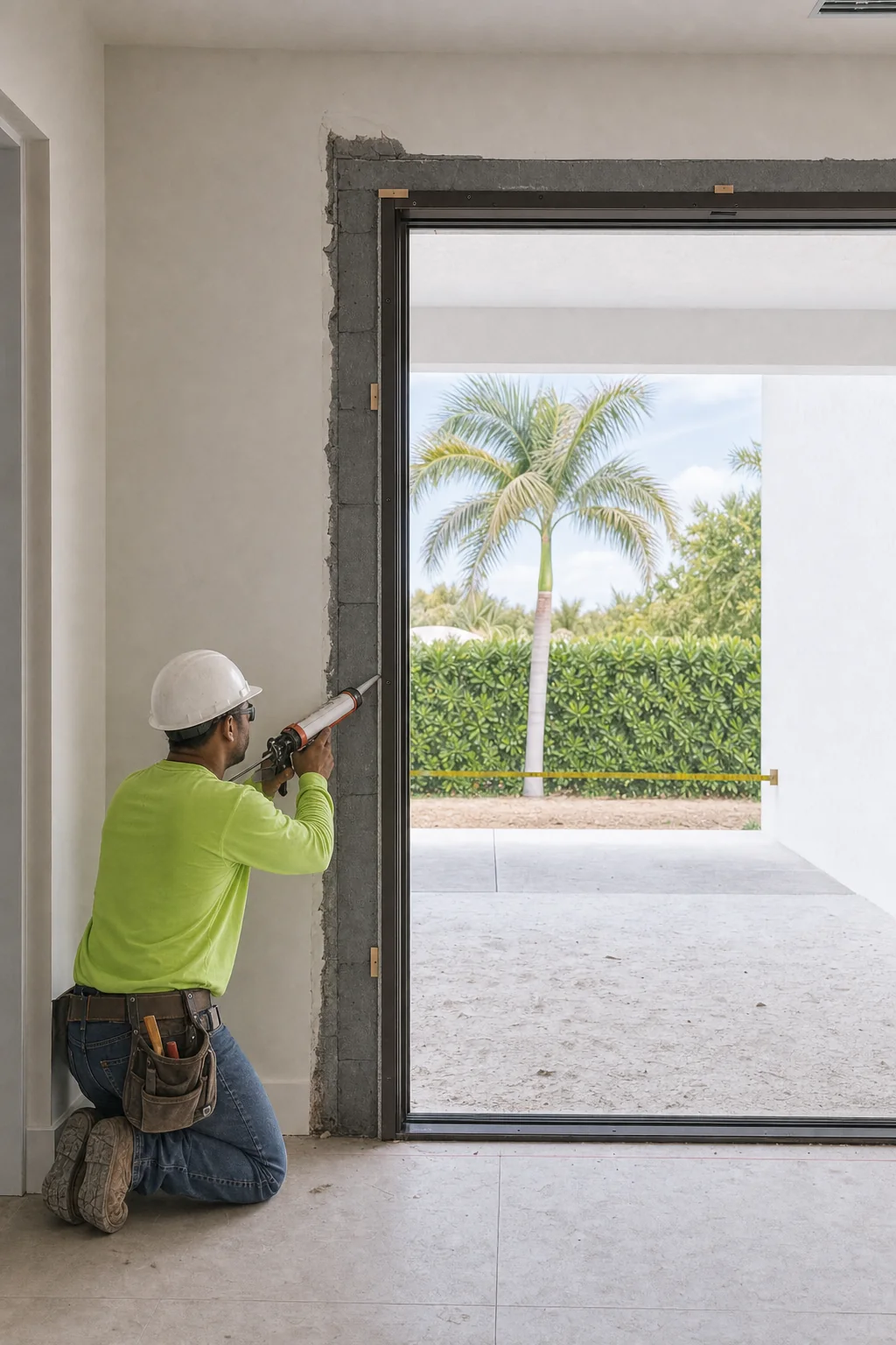 Illustration of a continuous sealant bead being run between a door frame and the stucco reveal with backer rod in the joint