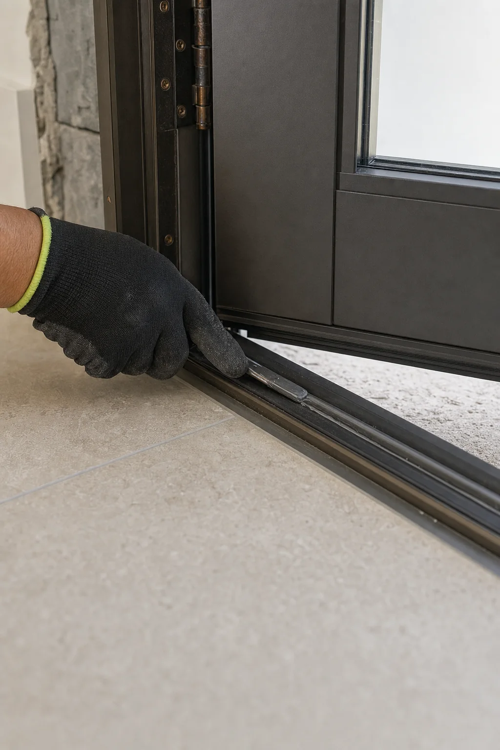 Illustration of a French door threshold bedded on sealant over concrete with the door bottom rail and weather seal above