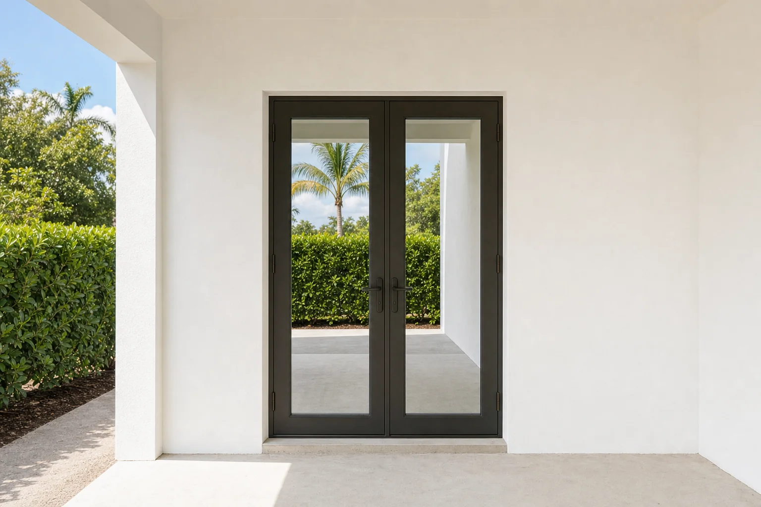Illustration of completed French doors seen from the patio side, set in a white stucco wall with a sealed reveal