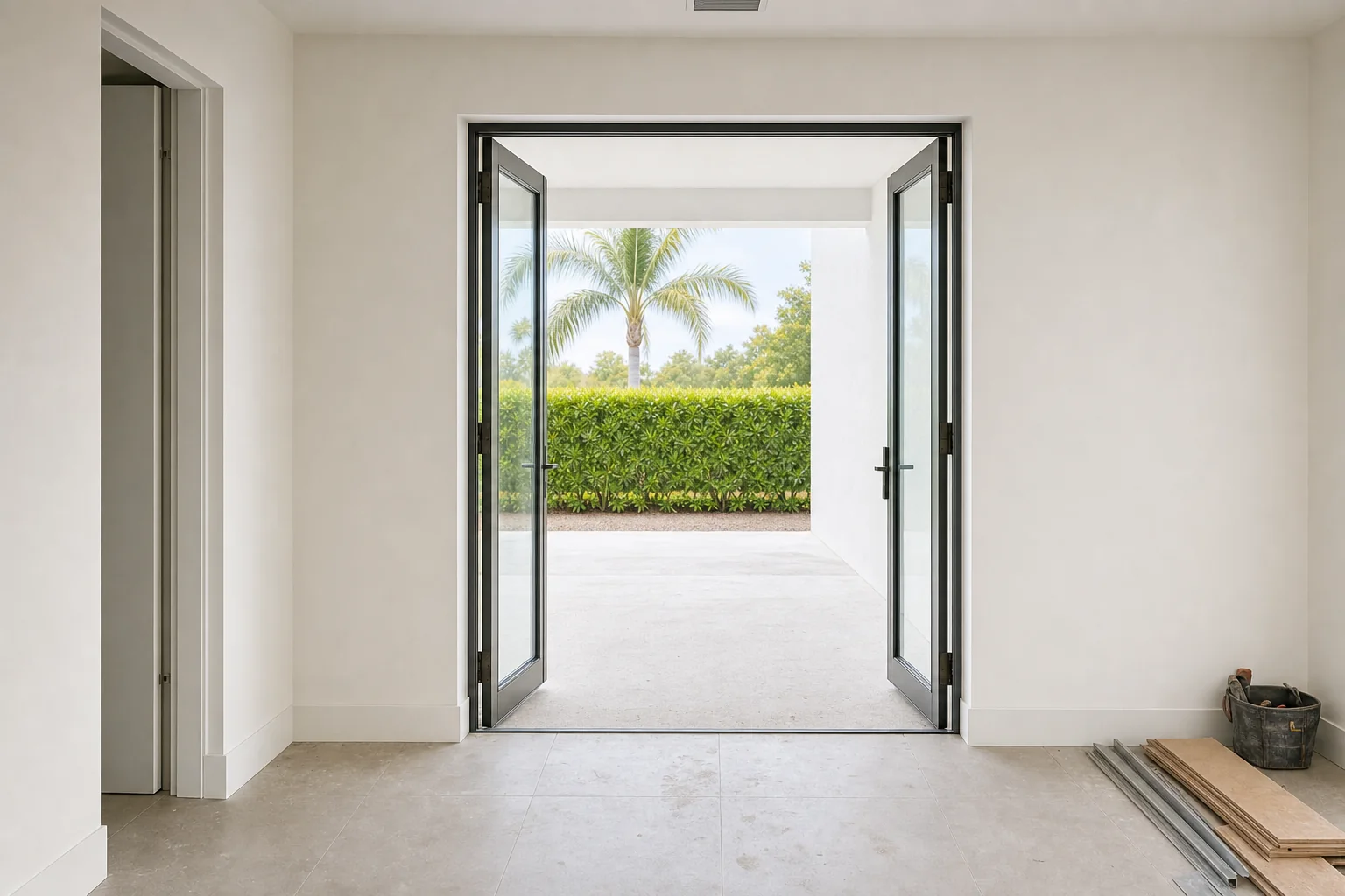 Illustration of completed French doors standing open outward onto a covered patio, butt hinges visible on both jambs