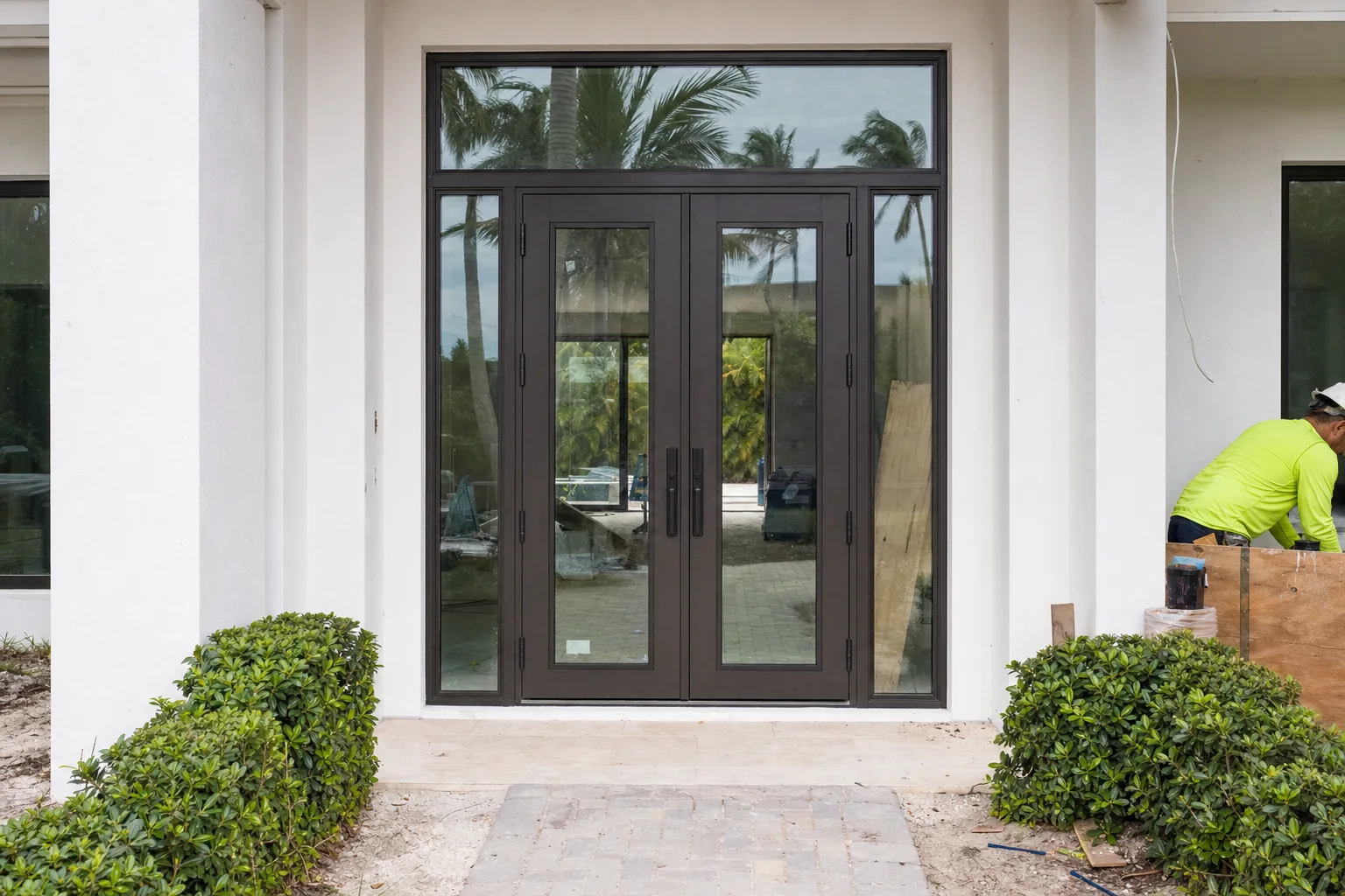 Illustration of French doors flanked by matching sidelight panes and topped by a transom, all in matched frames
