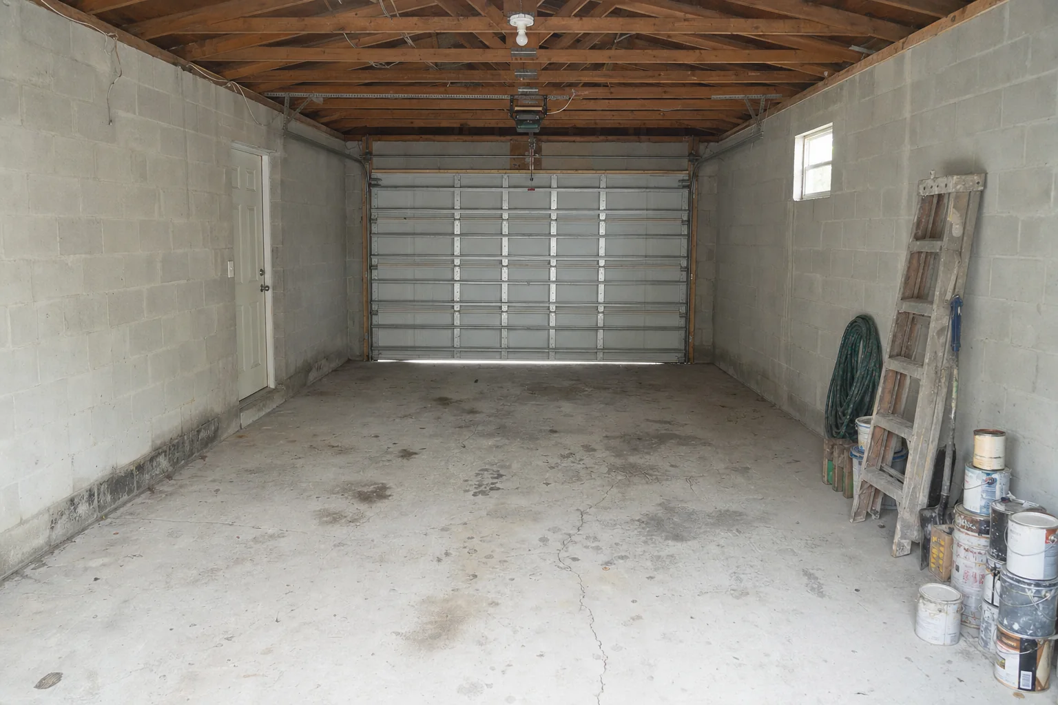 Illustration of an unfinished two-car garage with bare block walls, exposed trusses and a stained concrete slab before remodelling