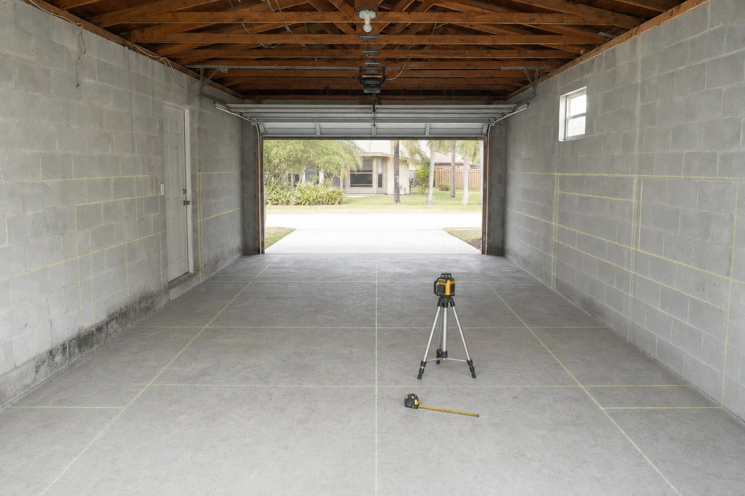 Illustration of a cleared garage with the sectional door open and chalk set-out lines marking cabinet and bench positions