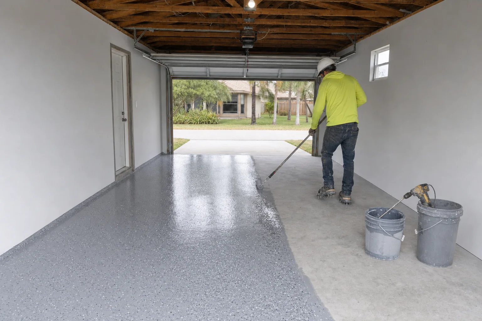 Illustration of grey epoxy floor coating being rolled across a garage slab with decorative flake broadcast into the wet edge