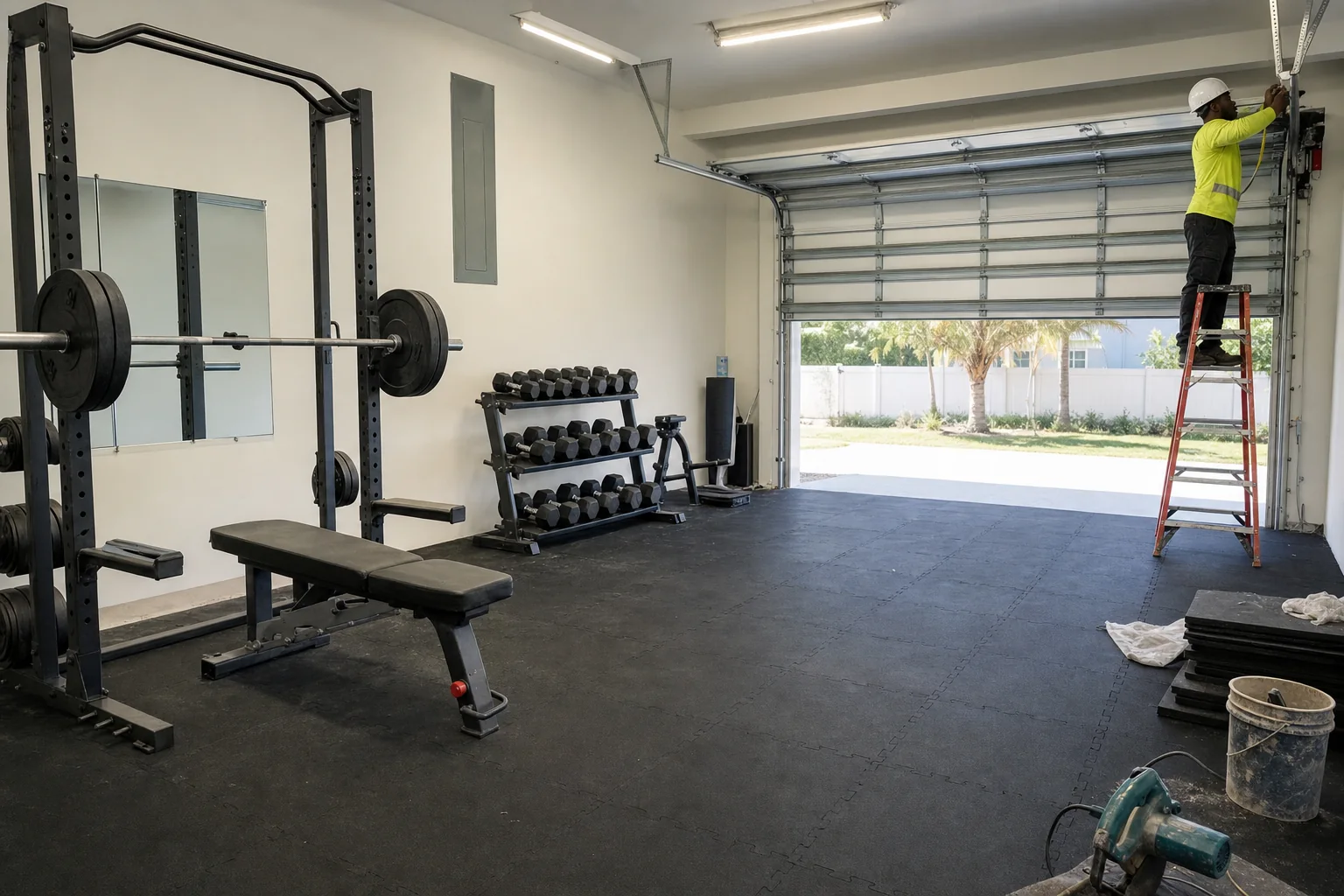 Illustration of a garage set up as a home gym with interlocking rubber floor tiles and a squat rack, sectional door beyond