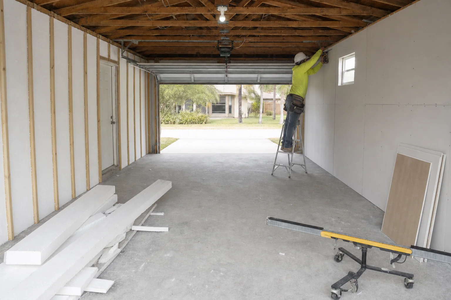 Illustration of furring battens, rigid insulation and drywall being installed over garage block walls