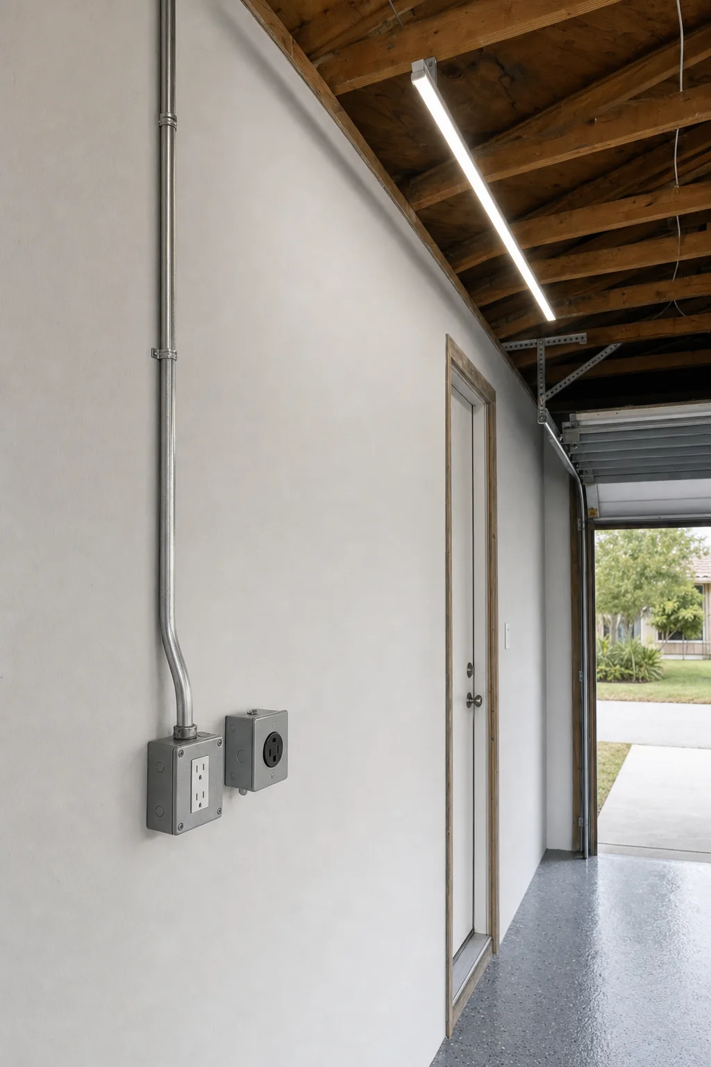 Illustration of LED strip lighting and surface-mounted power outlets on a finished garage wall and ceiling