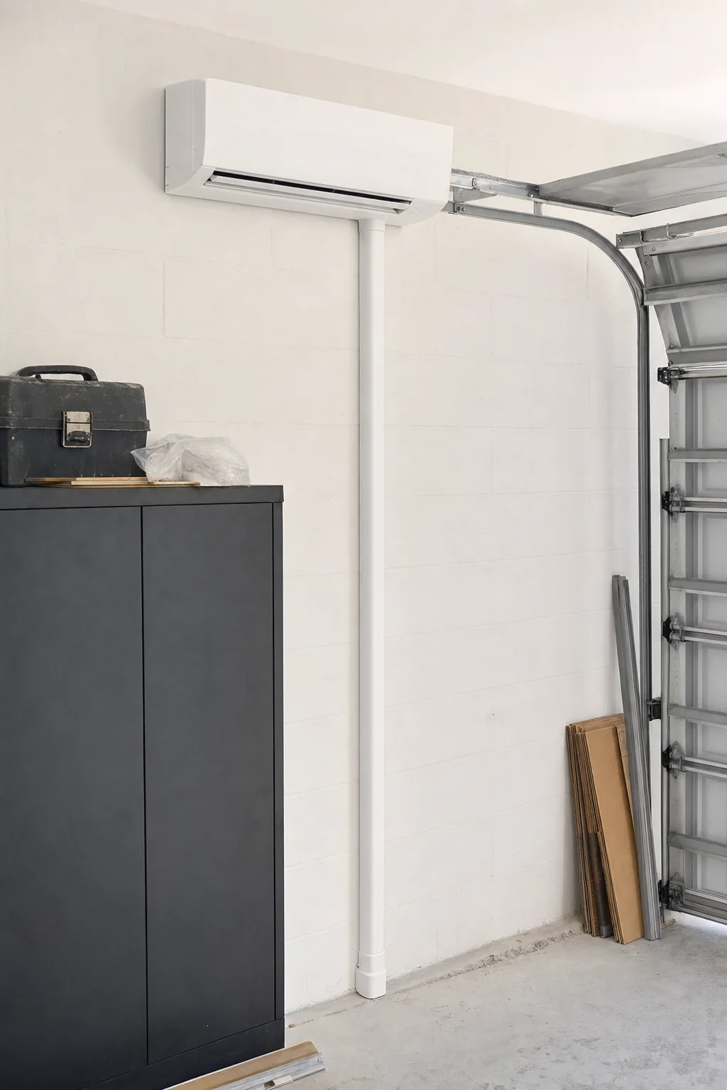 Illustration of a ductless mini-split indoor head mounted high on a finished garage wall with a slim line-set cover