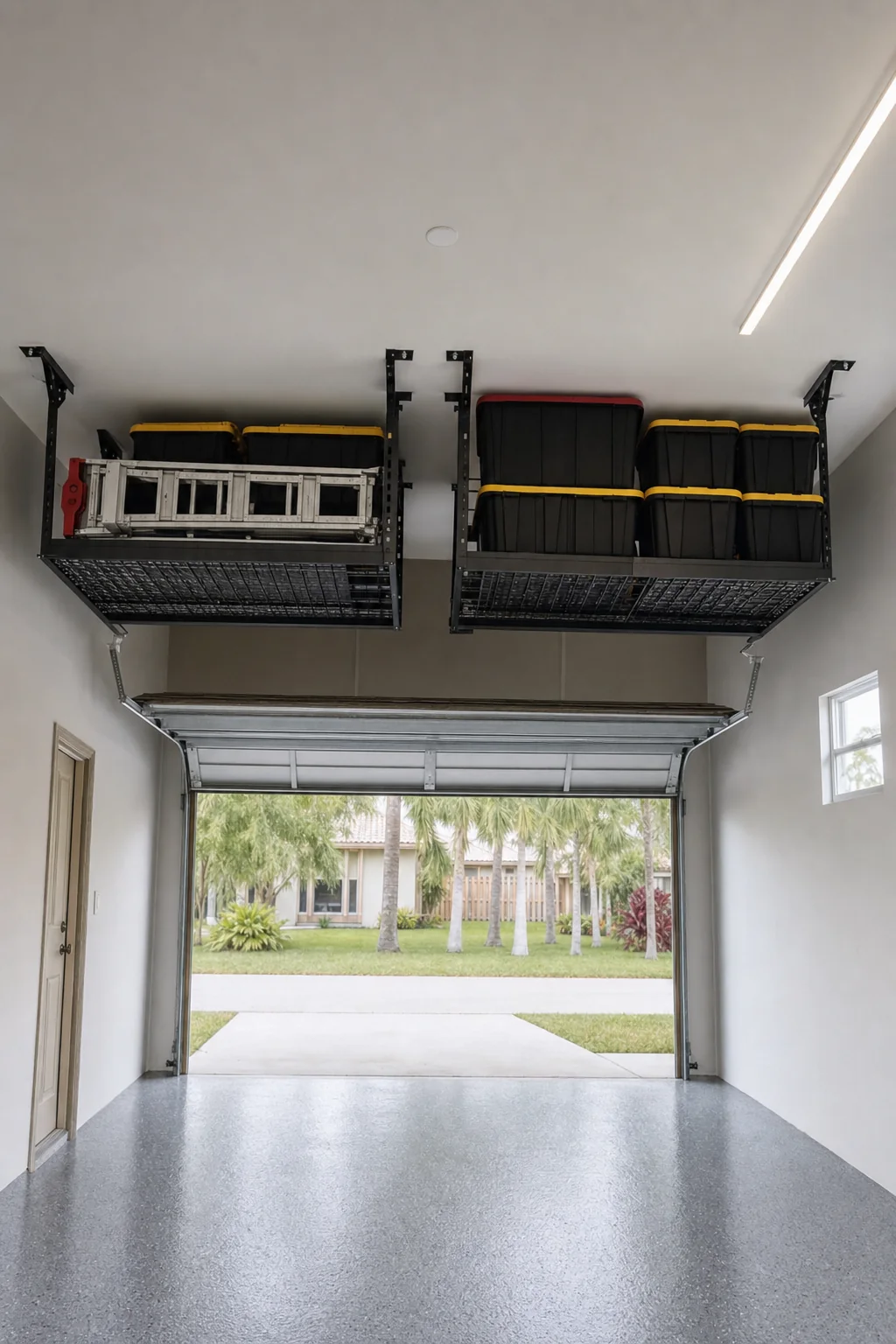 Illustration of ceiling-mounted overhead storage racks in a finished garage loaded with storage totes