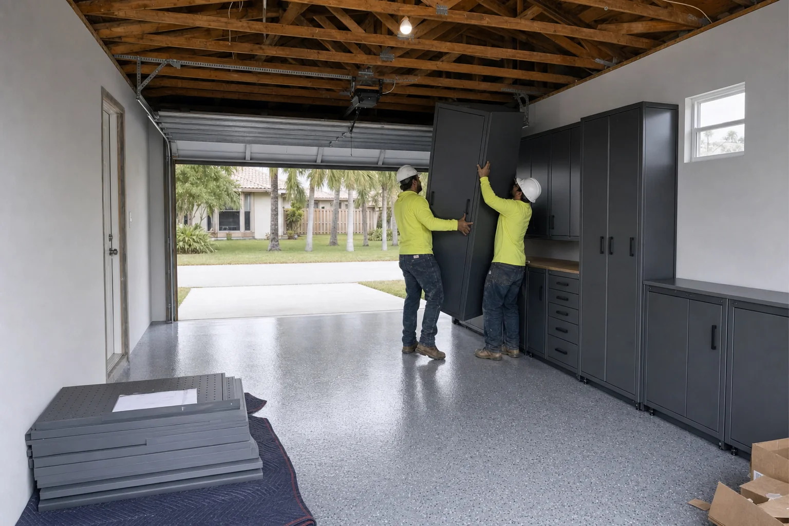 Illustration of heavy-duty powder-coated steel garage storage cabinets being installed along a finished wall