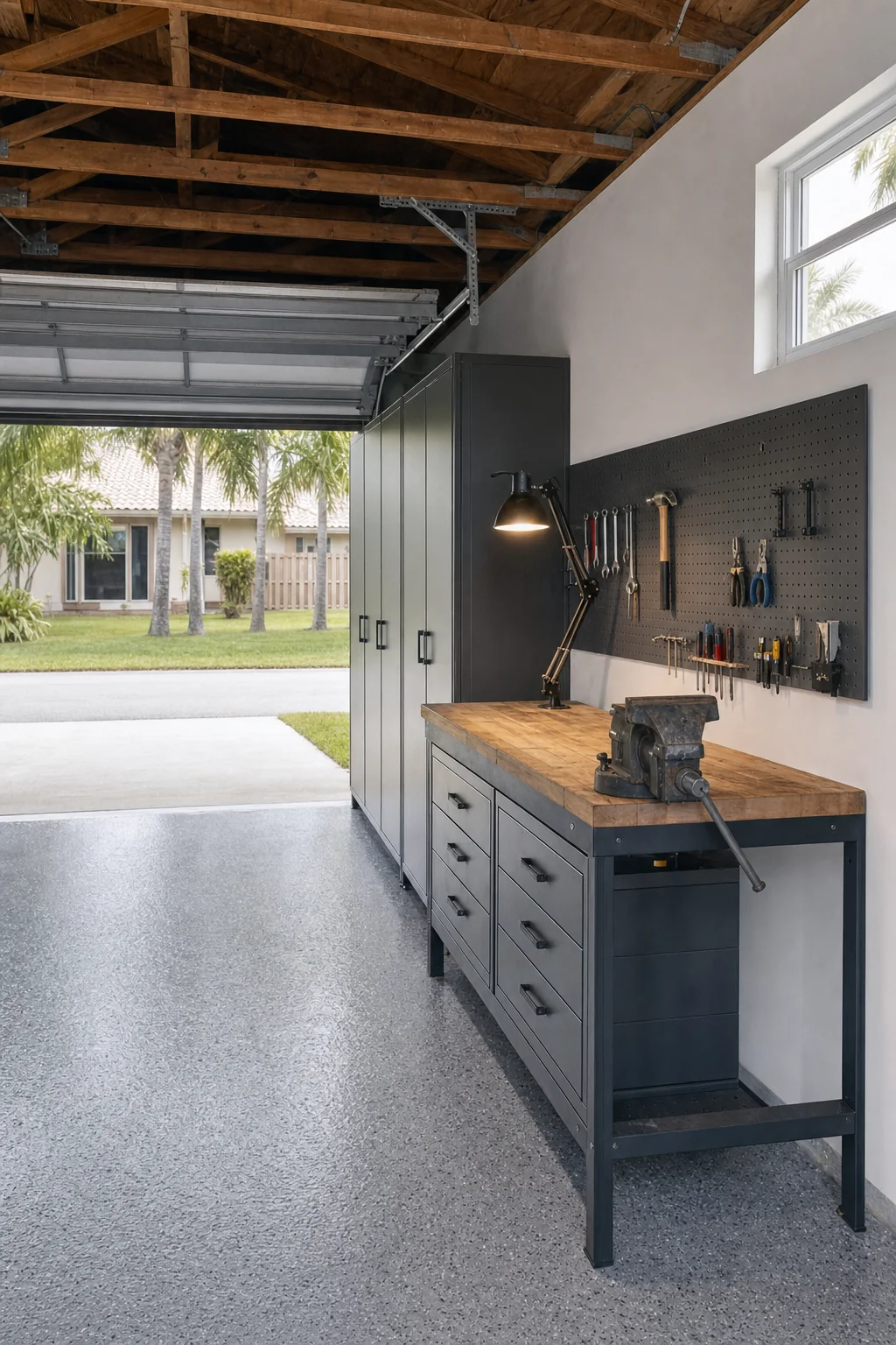 Illustration of a heavy-duty garage workbench with a timber top, pegboard tool wall and a bench vice