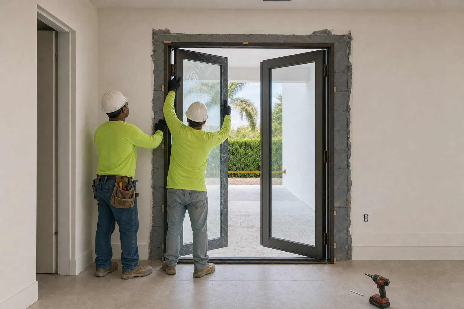 Illustration of two glazed French door leaves being hung on butt hinges, one already in place