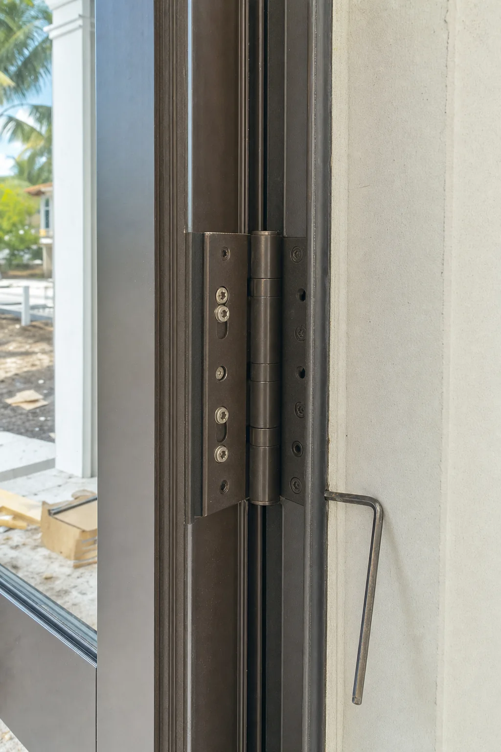 Illustration of a heavy-duty adjustable butt hinge between a glazed door leaf and its frame jamb, adjustment screws visible