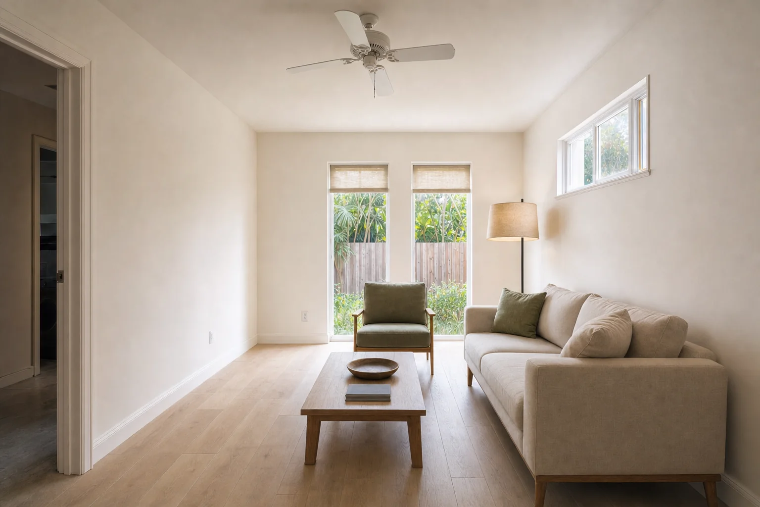 Illustration of the finished sitting area of an in-law suite with plank flooring and daylight from tall garden windows