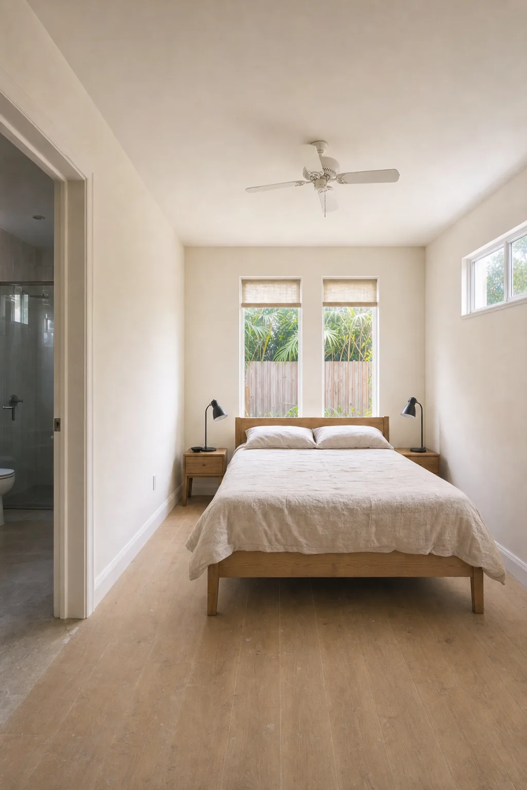 Illustration of the sleeping area of an in-law suite with a bed against the sound-isolated wall and a wide level-threshold doorway to the bathroom