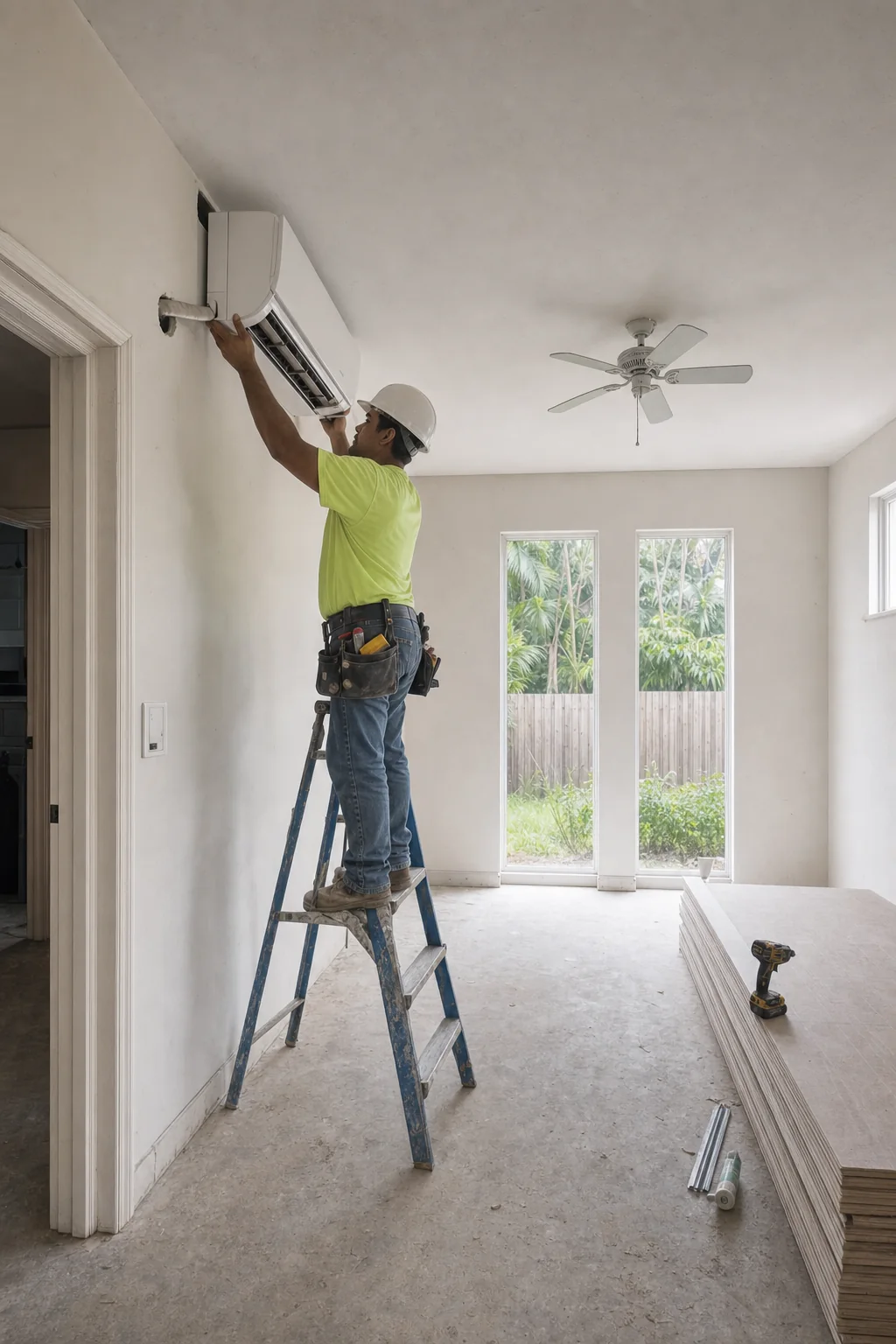Illustration of a ductless mini-split indoor head being mounted in an in-law suite with its own wall thermostat below