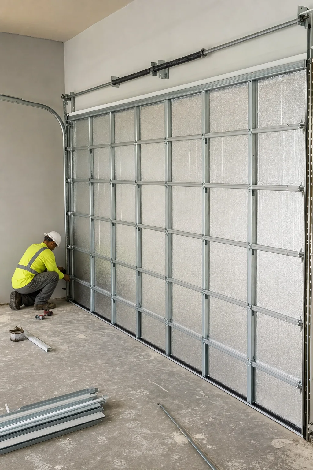 Illustration of the inside face of an insulated sectional garage door showing panel insulation, track and bottom seal