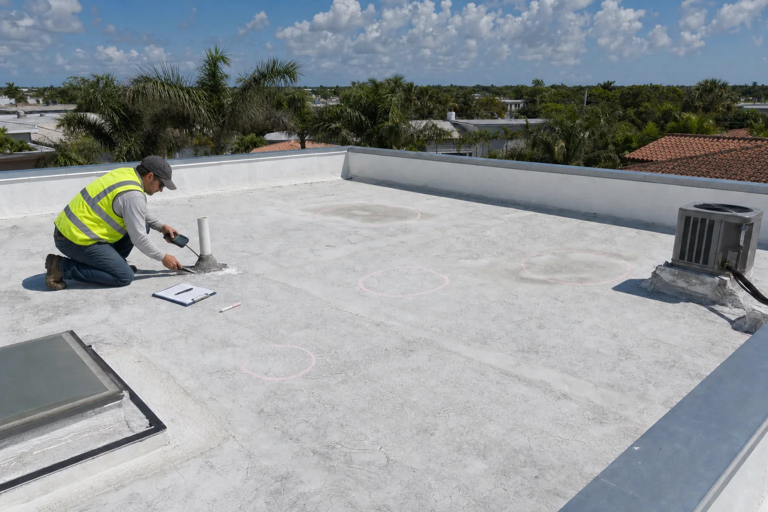 Illustration of a roofing inspector checking a vent penetration and taking a moisture reading on a low-slope roof