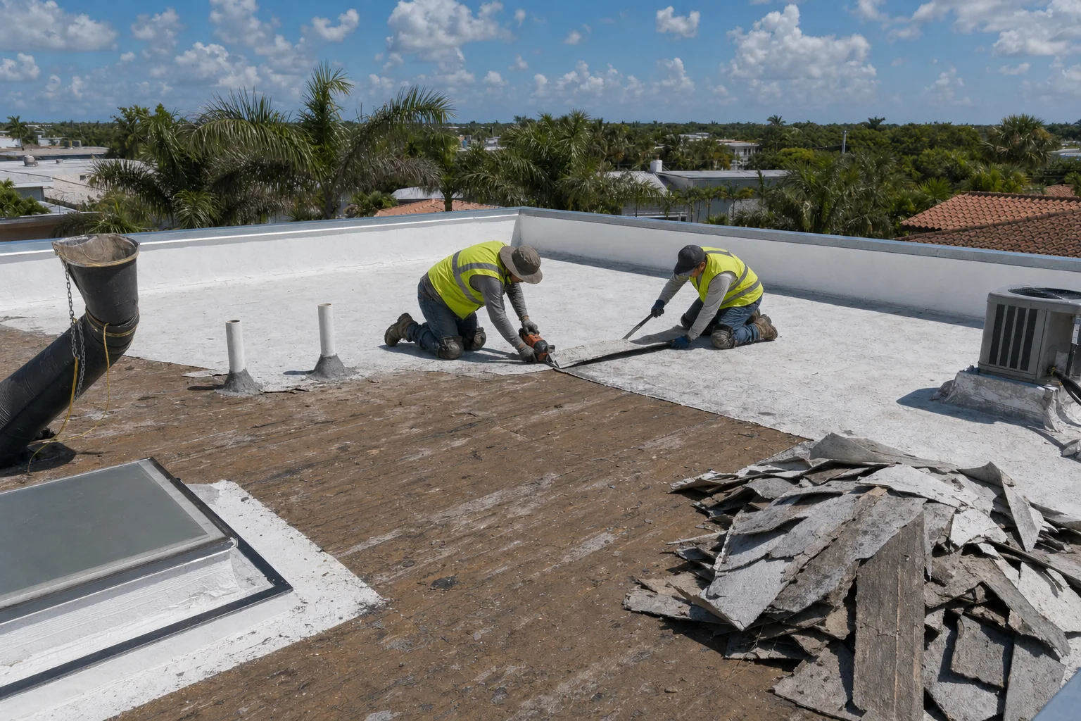 Illustration of tear-off in progress on a low-slope roof, old covering stripped back to the deck on one half
