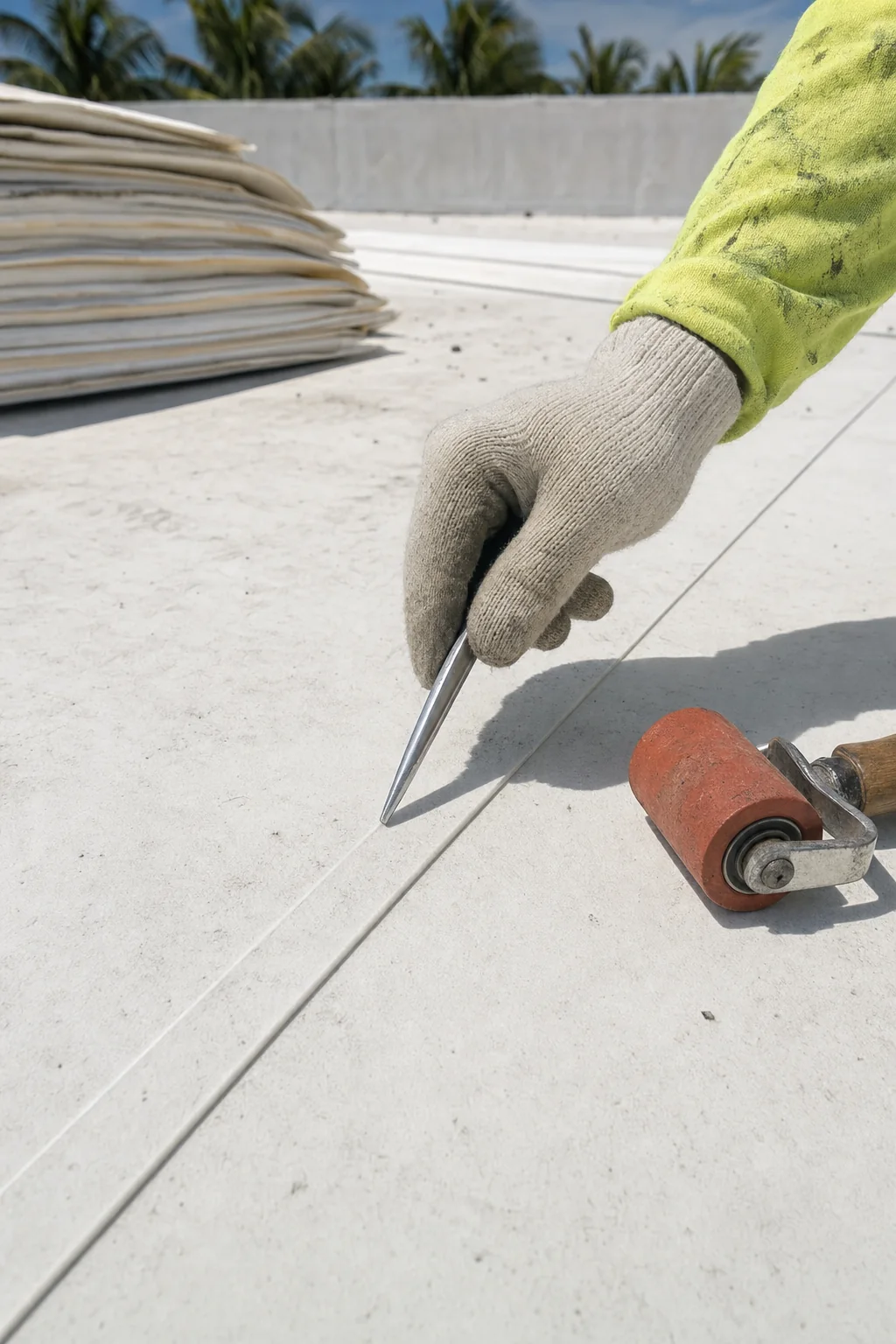 Illustration of a welded lap seam on a white roof membrane being checked with a seam probe