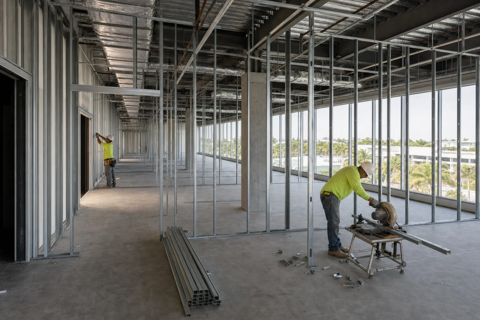 Illustration of light-gauge steel stud framing forming new partitions and framed door openings in a commercial suite