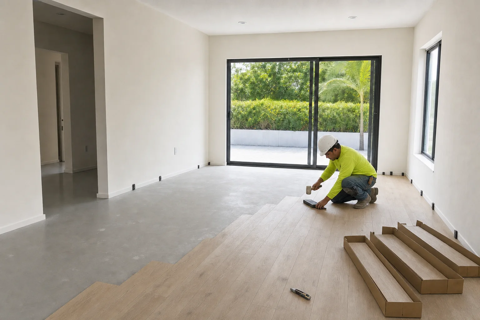 Illustration of luxury vinyl plank being laid over a prepared substrate, half the room complete