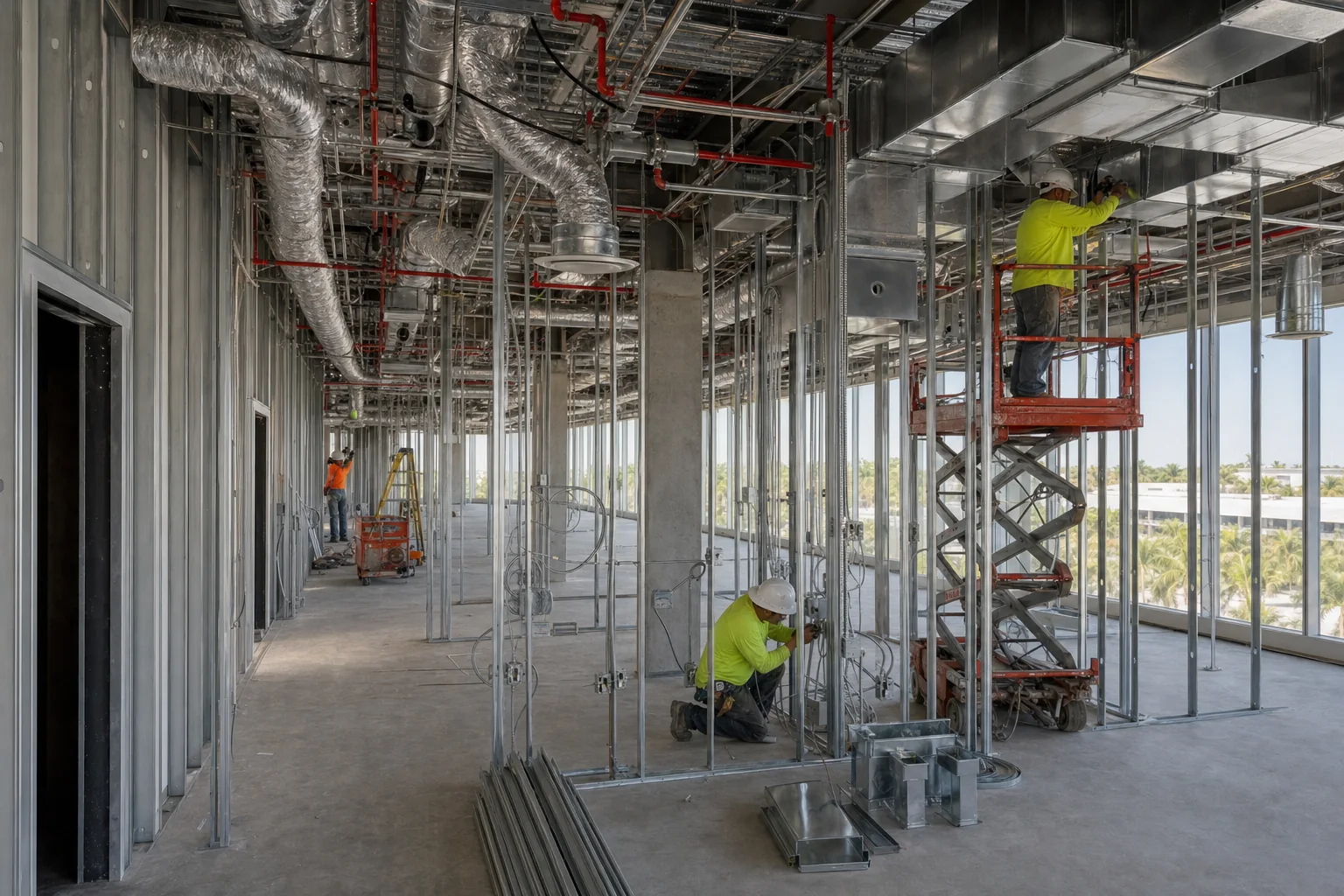 Illustration of overhead MEP rough-in above a commercial fit-out with sheet metal ductwork, sprinkler branch lines, cable tray and conduit