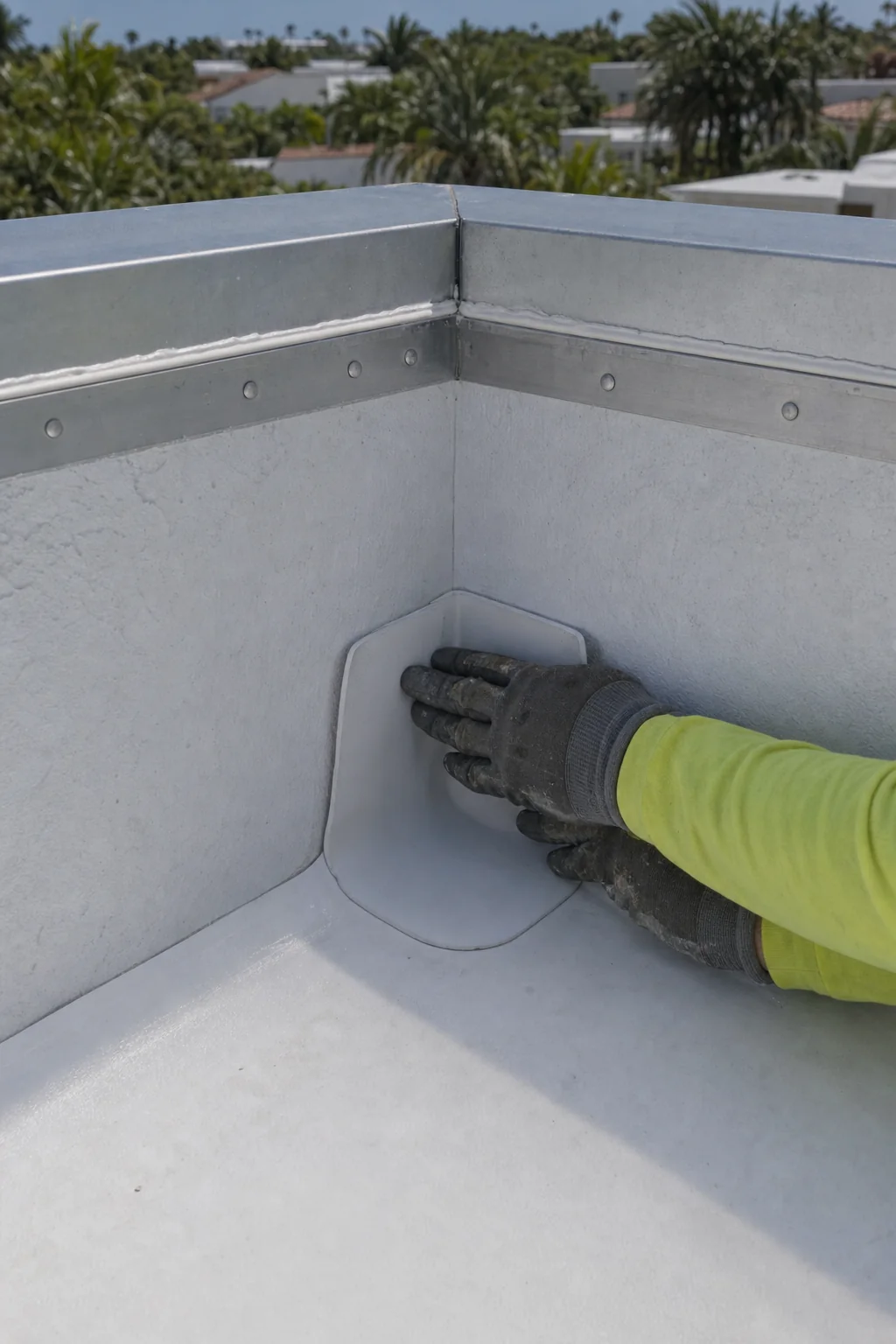 Illustration of membrane turned up a parapet wall and terminated under a metal termination bar beneath the coping