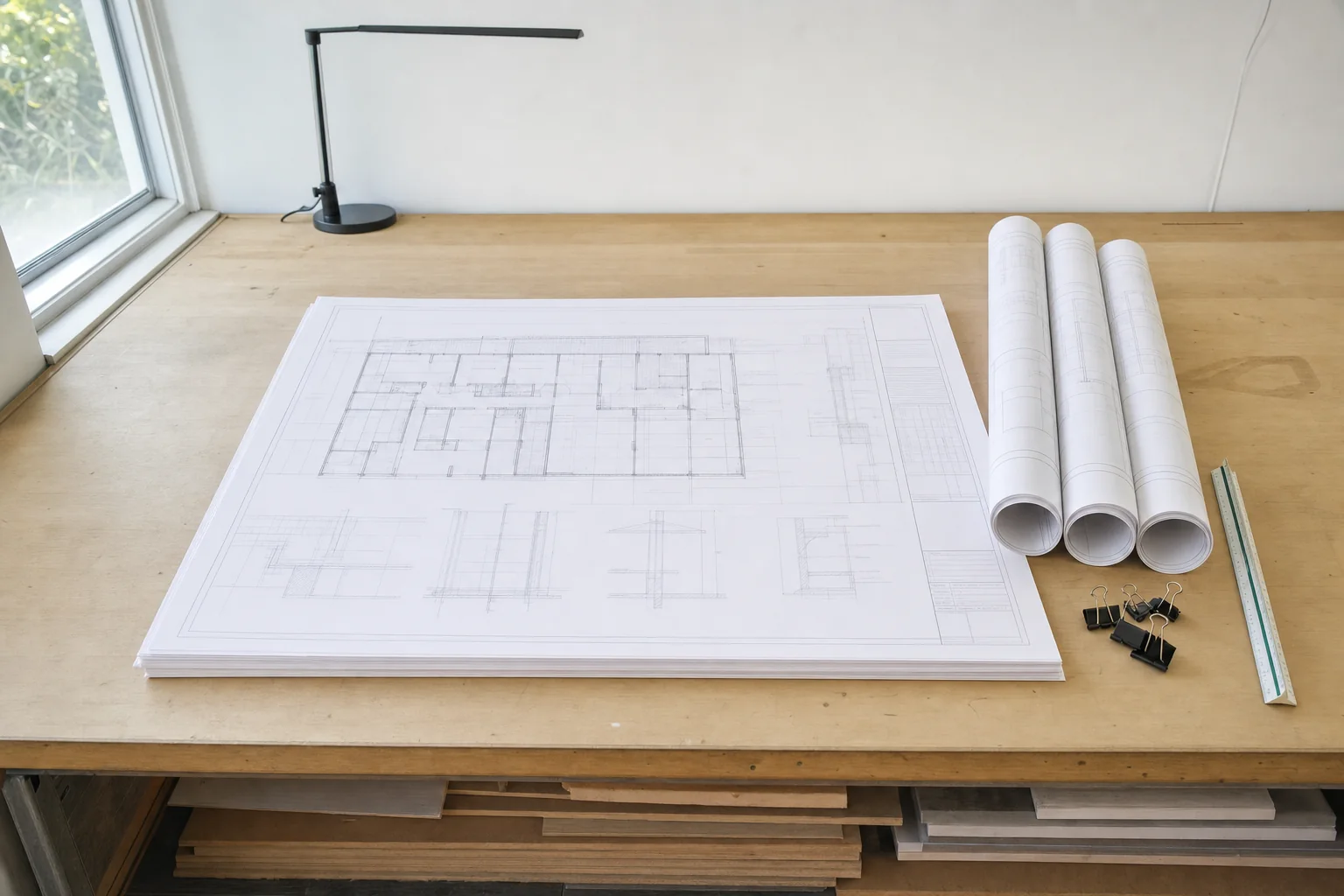 Illustration of an assembled permit submittal drawing set laid flat on a plan table with rolled sets and a scale rule alongside